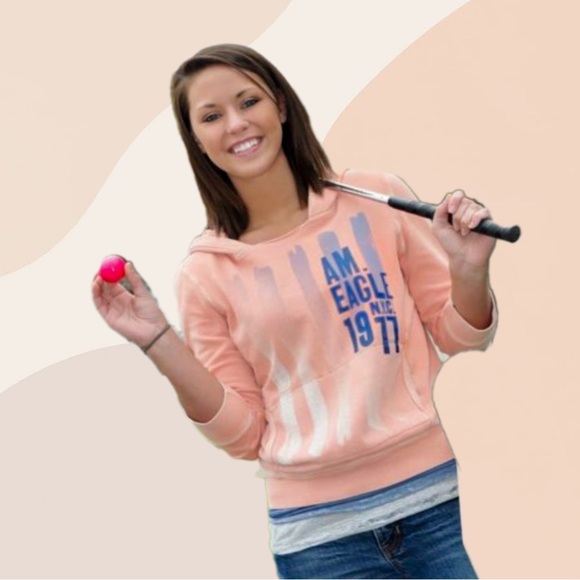 Vintage American Eagle Salmon Color 3/4 Sleeve Graphic Hoodie Women’s Size Small - Picture 5 of 14